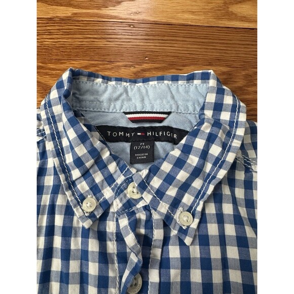Tommy Hilfiger Youth Boys Blue Checkered Dress Shirt Size Med 12/14 100% Cotton - Picture 2 of 8